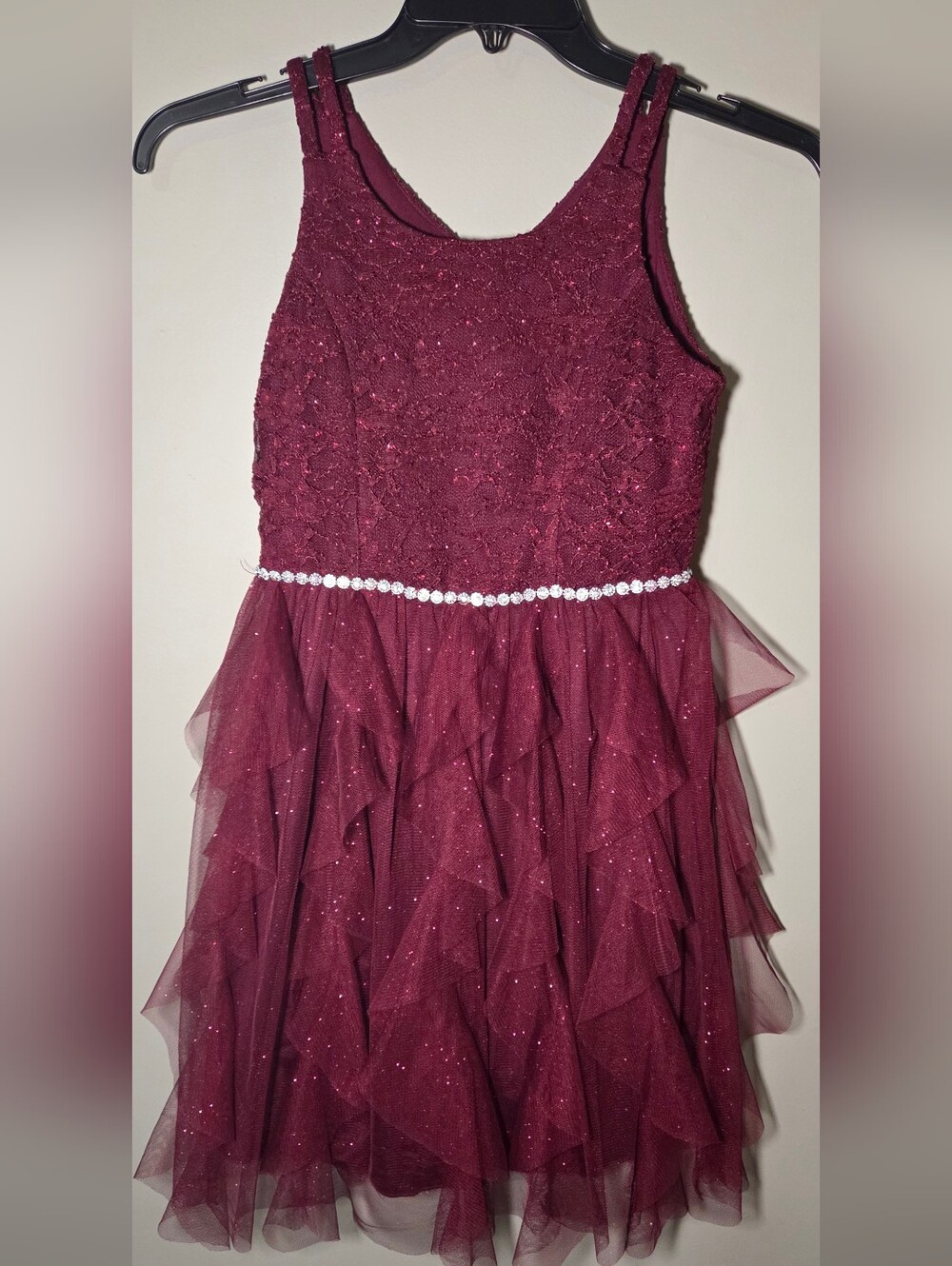 Speechless Kids Size 14 Burgundy Glitter Lace Tulle Party Dress Rhinestone Waist